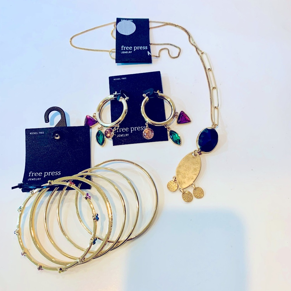 Free Press Jewelry Earrings, Necklace and Bracelets GoldTone Bright Jewels New